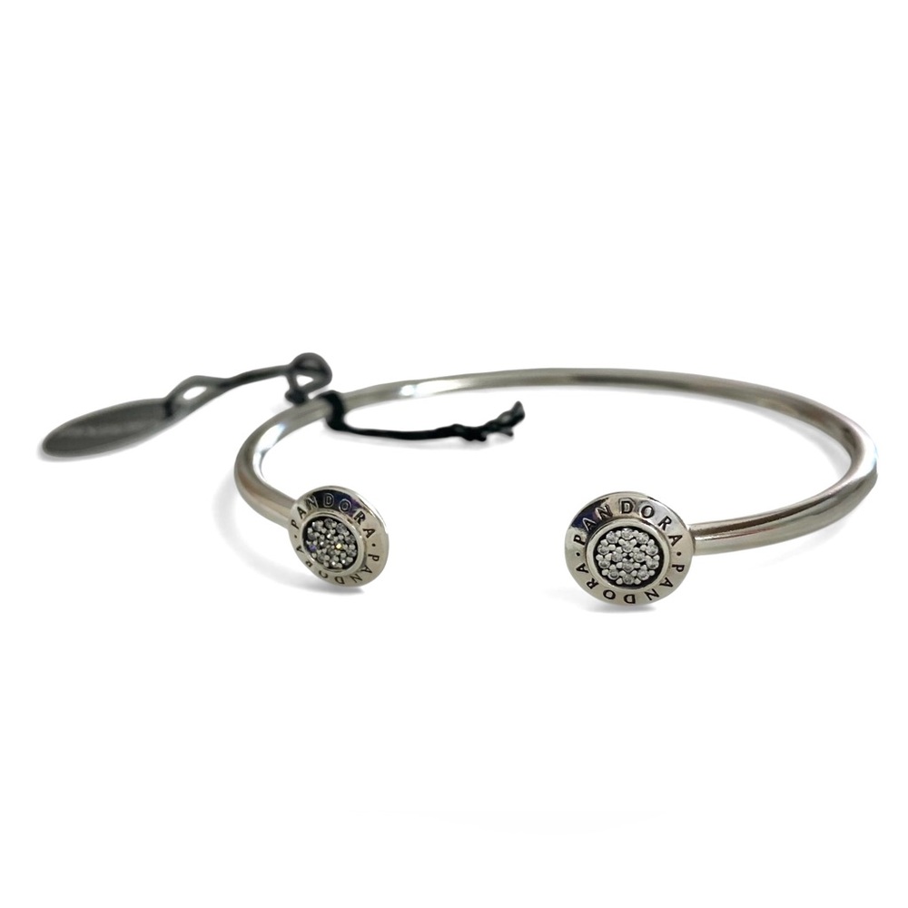 Authentic Retired PANDORA Signature Logo Pave Silver Open End Bangle. 590528CZ